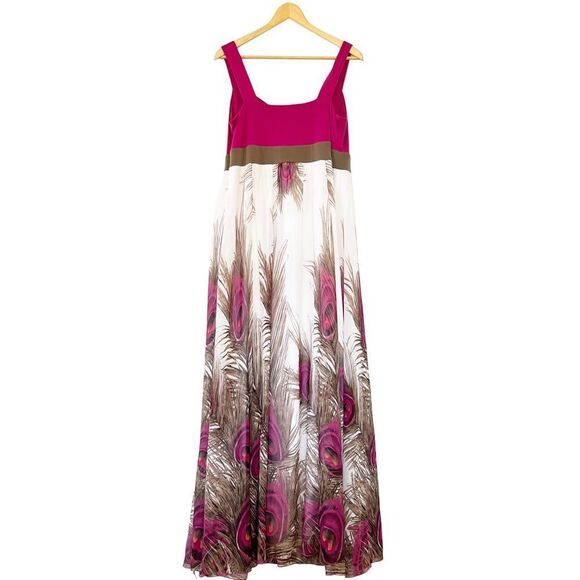 IGIGI Pink White Color Block Peacock Feathers Print Maxi Dress - Picture 4 of 11